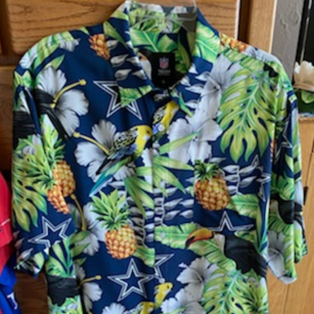 Dark BLUE Hawaiian TROPICAL Print DALLAS COWBOYS Button-down POCKET SHIRT * XL
